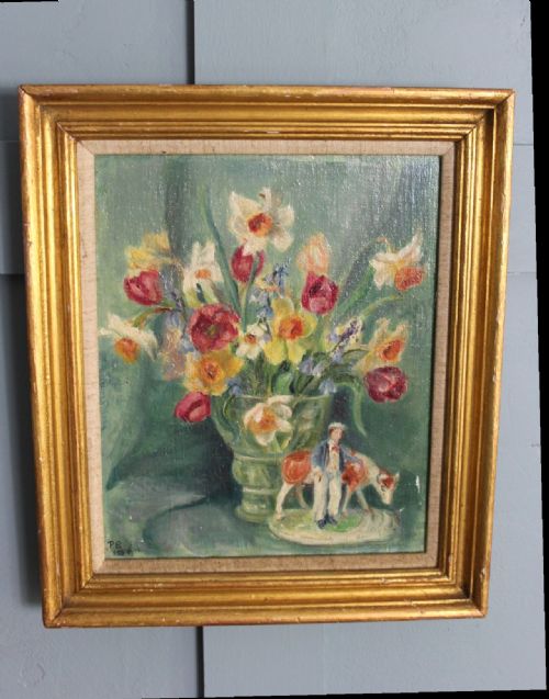 1950s still life of painting of spring flowers and staffordshire pottery - CATEGORY: ANTIQUE ART - DATED 1950