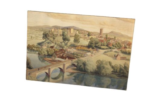 1930S WATERCOLOUR PAINTING OF LUDLOW CASTLE AND DINHAM BRIDGE SHROPSHIRE - ADDITIONAL PHOTO 1