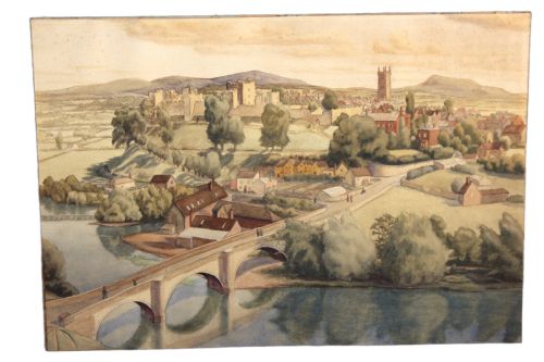 1930S WATERCOLOUR PAINTING OF LUDLOW CASTLE AND DINHAM BRIDGE SHROPSHIRE - ADDITIONAL PHOTO 4