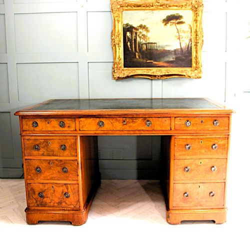 victorian burr walnut pedestal desk - CATEGORY: ANTIQUE DESKS - DATED 1860