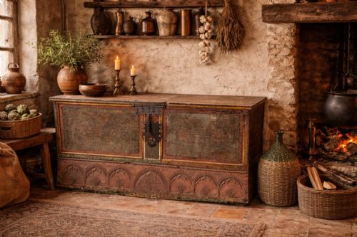 ANTIQUE SPANISH PAINTED BLANKET CHEST WITH MOORISH STYLE DECORATION CIRCA 1800 - ADDITIONAL PHOTO 4