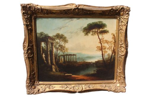 18TH CENTURY ITALIANATE CLASSICAL LANDSCAPE OIL PAINTING IN THE MANNER OF CLAUDE LORRAIN