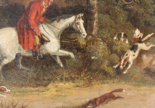 EARLY 19TH CENTURY ENGLISH FOX HUNTING OIL PAINTING ON CANVAS - ADDITIONAL PHOTO 1