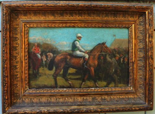 EARLY 20TH CENTURY RACE PADDOCK OIL STUDY IN THE MANNER OF ALFRED MUNNINGS