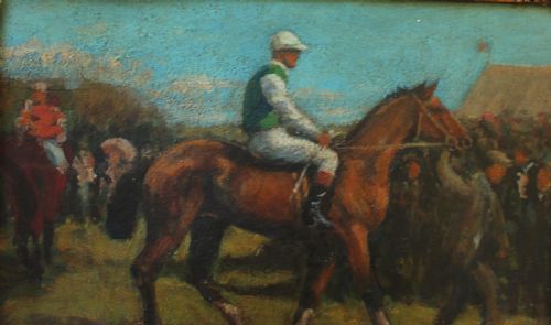 fig 1. An early 20th-century impressionistic oil painting of a mounted jockey on a bay racehorse in a paddock, framed in a carved gilded wooden frame.