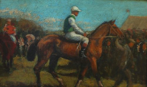 fig 2. An early 20th-century impressionistic oil painting of a mounted jockey on a bay racehorse in a paddock, framed in a carved gilded wooden frame.
