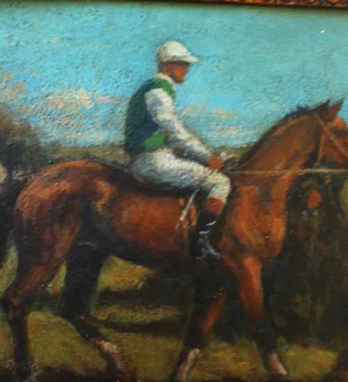 fig 4. An early 20th-century impressionistic oil painting of a mounted jockey on a bay racehorse in a paddock, framed in a carved gilded wooden frame.