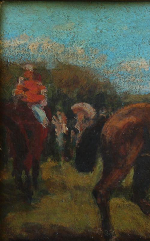 fig 5. An early 20th-century impressionistic oil painting of a mounted jockey on a bay racehorse in a paddock, framed in a carved gilded wooden frame.