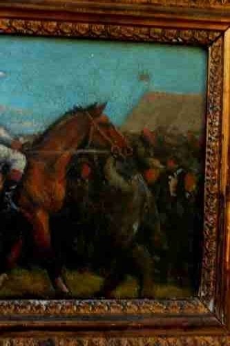 fig 3. An early 20th-century impressionistic oil painting of a mounted jockey on a bay racehorse in a paddock, framed in a carved gilded wooden frame.