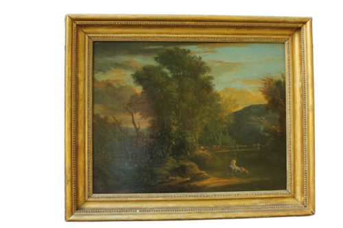 19TH CENTURY ENGLISH PASTORAL LANDSCAPE OIL PAINTING WITH FIGURE BY A POND