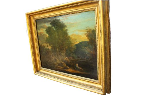 19TH CENTURY ENGLISH PASTORAL LANDSCAPE OIL PAINTING WITH FIGURE BY A POND - ADDITIONAL PHOTO 1