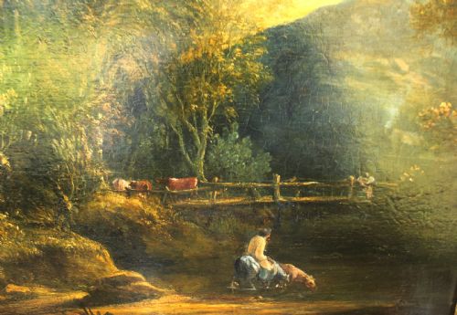 19TH CENTURY ENGLISH PASTORAL LANDSCAPE OIL PAINTING WITH FIGURE BY A POND - ADDITIONAL PHOTO 3