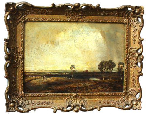 CIRCLE OF JOHN CONSTABLE 17761837OPEN LANDSCAPE WITH MAN AND DOG BENEATH AN EXPANSIVE SKY