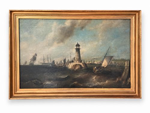 CIRCLE OF NICHOLAS CONDY PLYMOUTH BREAKWATER LIGHTHOUSE WITH ROYAL NAVY SHIPPING MID19TH CENTURY OIL PAINTING
