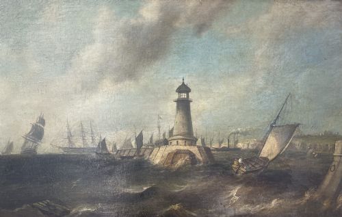 CIRCLE OF NICHOLAS CONDY PLYMOUTH BREAKWATER LIGHTHOUSE WITH ROYAL NAVY SHIPPING MID19TH CENTURY OIL PAINTING - ADDITIONAL PHOTO 1