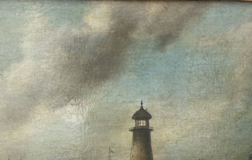 CIRCLE OF NICHOLAS CONDY PLYMOUTH BREAKWATER LIGHTHOUSE WITH ROYAL NAVY SHIPPING MID19TH CENTURY OIL PAINTING - ADDITIONAL PHOTO 2