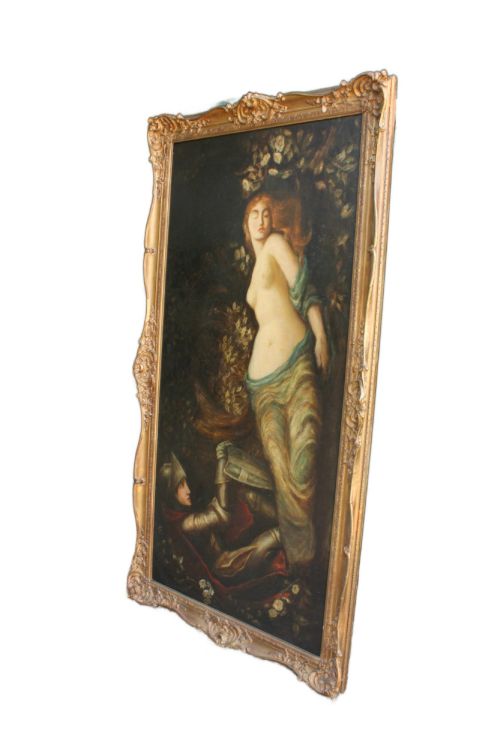 fig 1. A large vertical Pre-Raphaelite oil painting depicting a knight in armour gazing up at a woman, set within an ornate carved gilt frame.