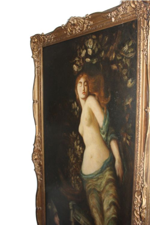 fig 2. A large vertical Pre-Raphaelite oil painting depicting a knight in armour gazing up at a woman, set within an ornate carved gilt frame.