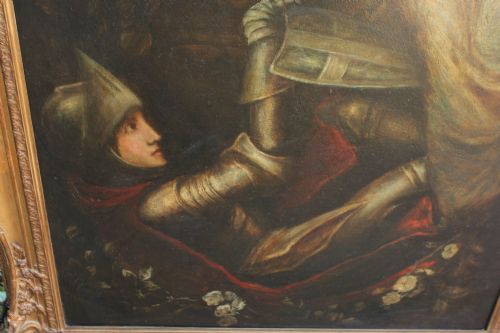 fig 3. A large vertical Pre-Raphaelite oil painting depicting a knight in armour gazing up at a woman, set within an ornate carved gilt frame.