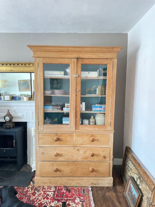 Victorian Waxed Pine Glazed Bookcase Cabinet Painted Interior