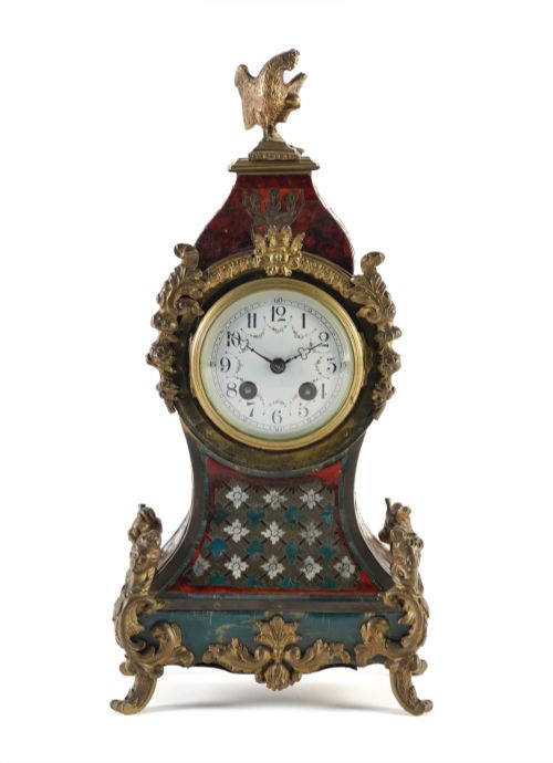 A Victorian Brass Boulle Inlaid Tortoiseshell Mantel Clock