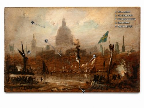 fig 1. An early 19th-century oil painting depicting a hazy River Thames scene with St Pauls Cathedral in the background, housed in a deep gilded frame.