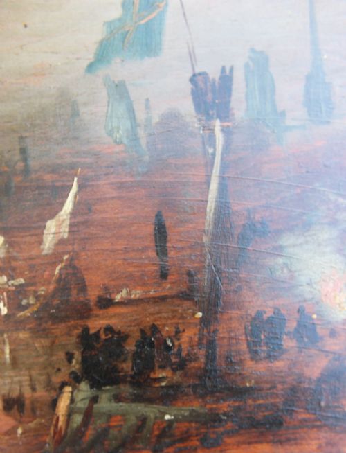 fig 4. An early 19th-century oil painting depicting a hazy River Thames scene with St Pauls Cathedral in the background, housed in a deep gilded frame.