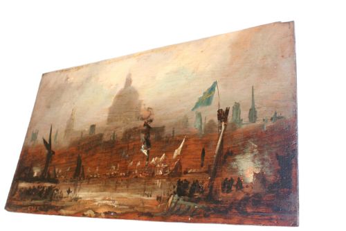 fig 5. An early 19th-century oil painting depicting a hazy River Thames scene with St Pauls Cathedral in the background, housed in a deep gilded frame.