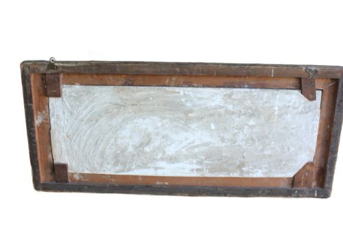 fig 8. A rectangular Arts and Crafts polychrome plaster relief featuring a central classical figure framed by trees and inscribed Ave Epicurus within a gilt frame.