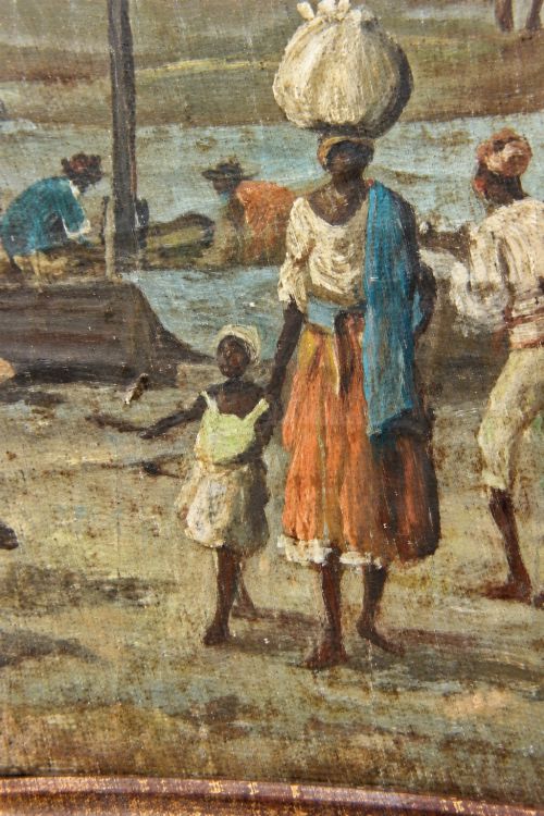 fig 3. An early nineteenth-century octagonal oil painting depicting a harbour scene in Rio de Janeiro, housed in a moulded gilt and ebonised wooden frame.