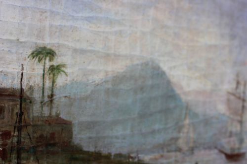 fig 5. An early nineteenth-century octagonal oil painting depicting a harbour scene in Rio de Janeiro, housed in a moulded gilt and ebonised wooden frame.