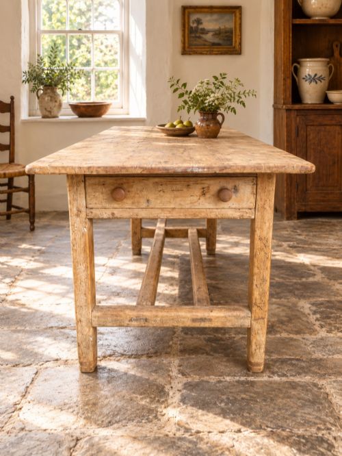 fig 1. A 19th century rectangular Irish pine farmhouse table featuring square legs, lower H-stretchers, and a warm timber finish.