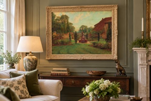 fig 4. An antique oil painting depicting a woman seated in a walled garden surrounded by trees and a country house, set in an ornate gilded frame.