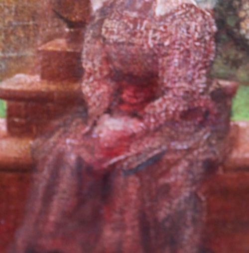 fig 8. An antique oil painting depicting a woman seated in a walled garden surrounded by trees and a country house, set in an ornate gilded frame.