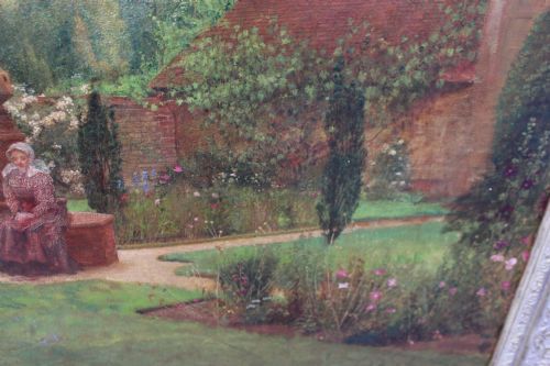 fig 1. An antique oil painting depicting a woman seated in a walled garden surrounded by trees and a country house, set in an ornate gilded frame.