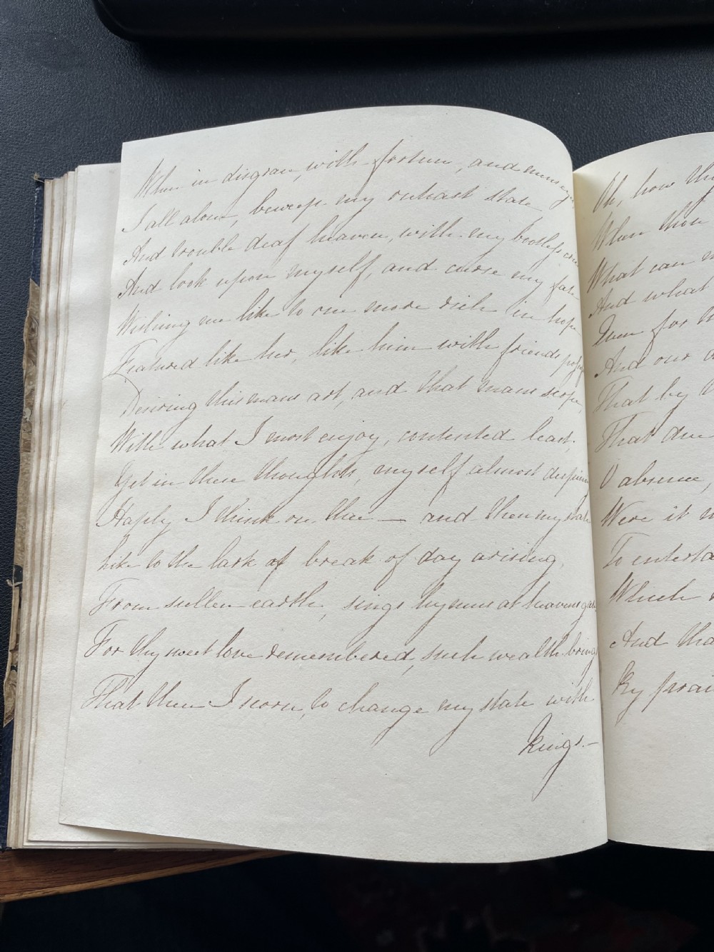 An antique book with dark blue quarter leather binding, gold tooling lines, and brown marbled paper boards. View VIII