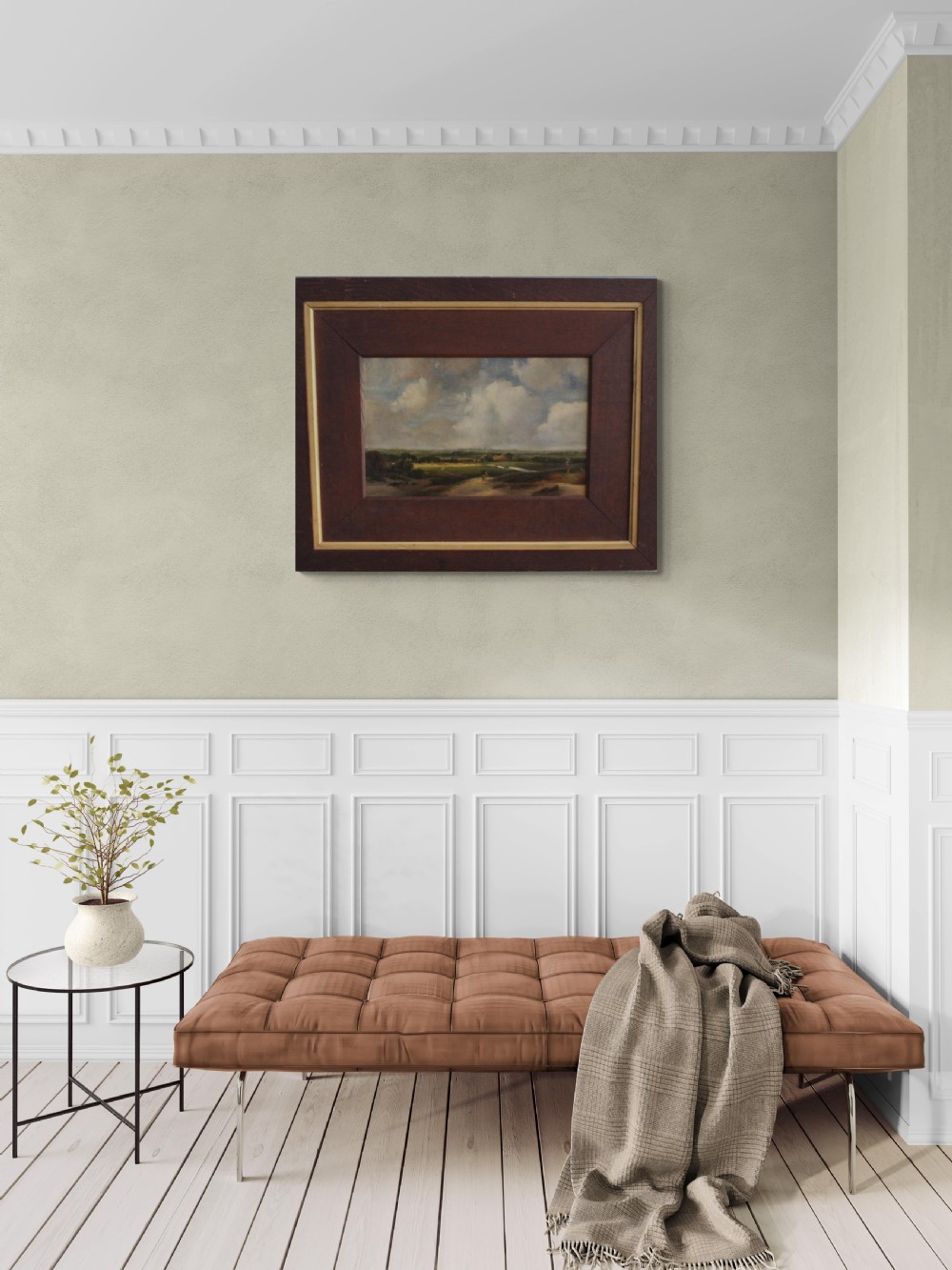 A 19th-century style Dutch landscape oil painting on paper, depicting a cloudy sky over open fields, set within a wide dark oak wood frame with a light inner border. View VI