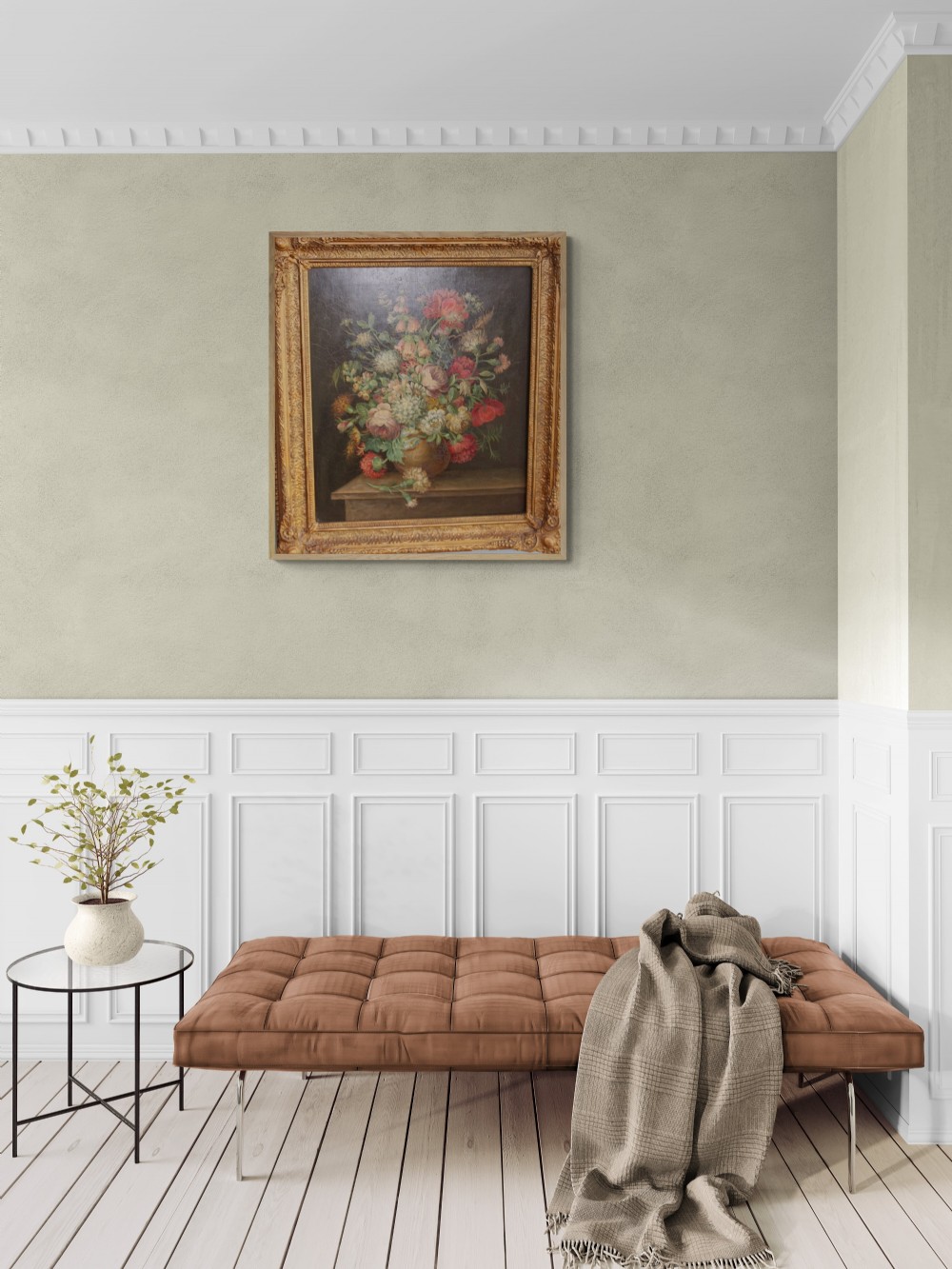 A late 18th-century Dutch floral still life oil painting on oak panel depicting a flower arrangement in a vase, housed in an ornate gilt frame. View VIII
