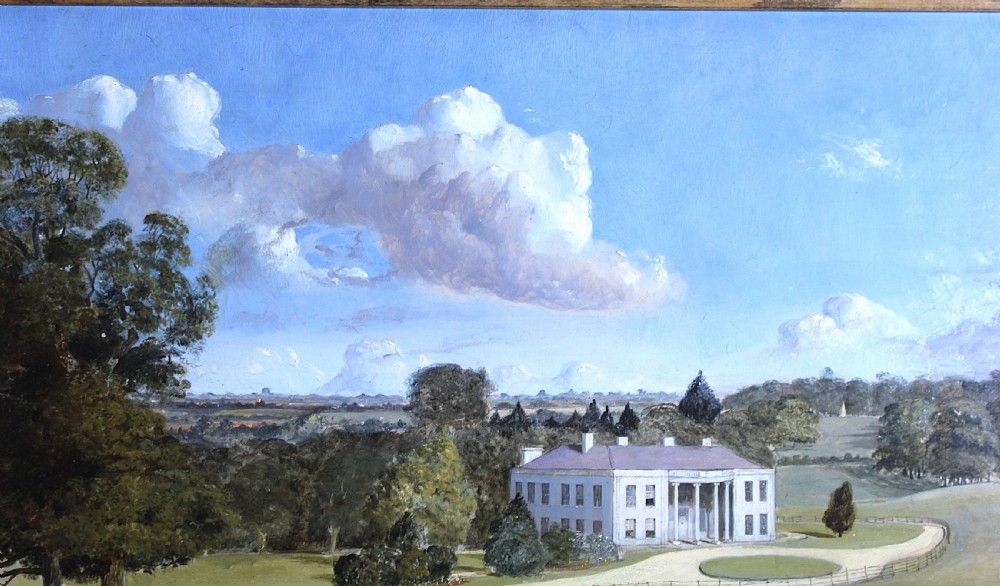 A 19th-century framed oil painting depicting a white country mansion set in a rolling estate landscape with cattle grazing in the foreground. View VIII