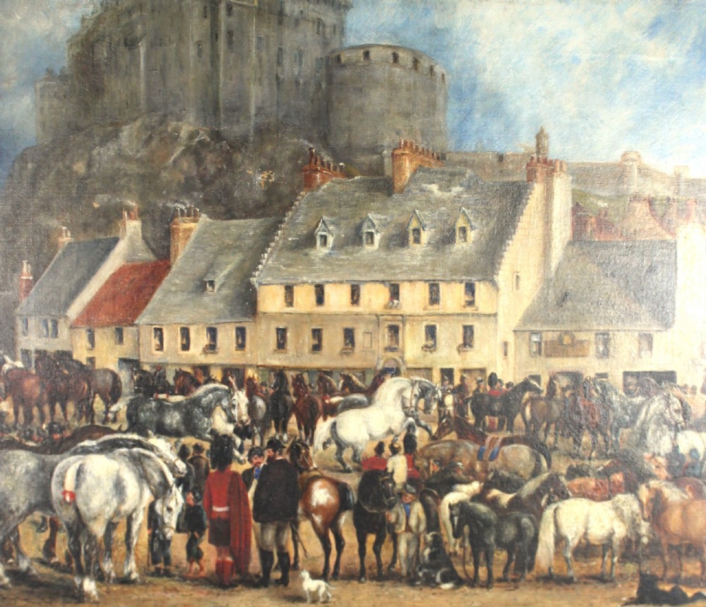 A nineteenth-century oil painting depicting a busy Scottish horse fair set before town buildings and a hilltop stone castle.