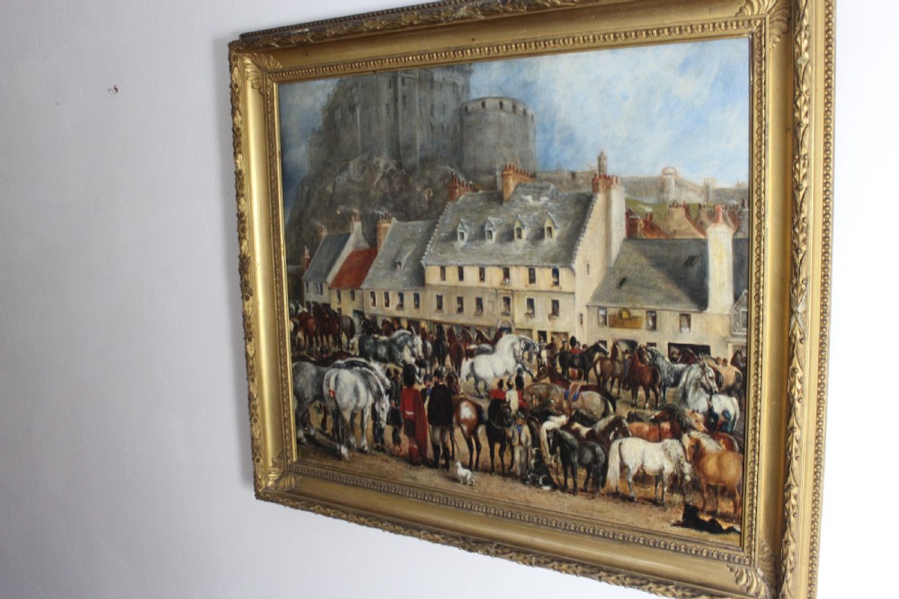 A nineteenth-century oil painting depicting a busy Scottish horse fair set before town buildings and a hilltop stone castle. View IV