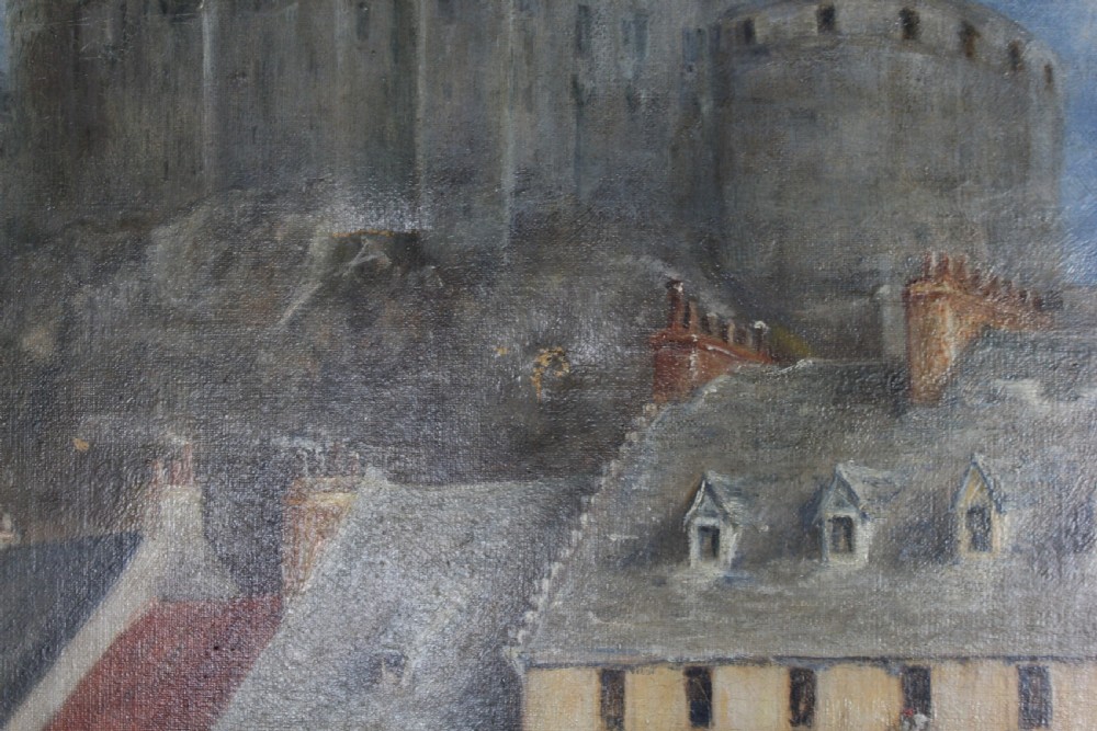 A nineteenth-century oil painting depicting a busy Scottish horse fair set before town buildings and a hilltop stone castle. View V