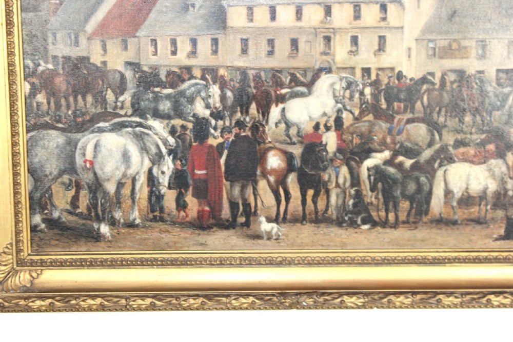 A nineteenth-century oil painting depicting a busy Scottish horse fair set before town buildings and a hilltop stone castle. View VII