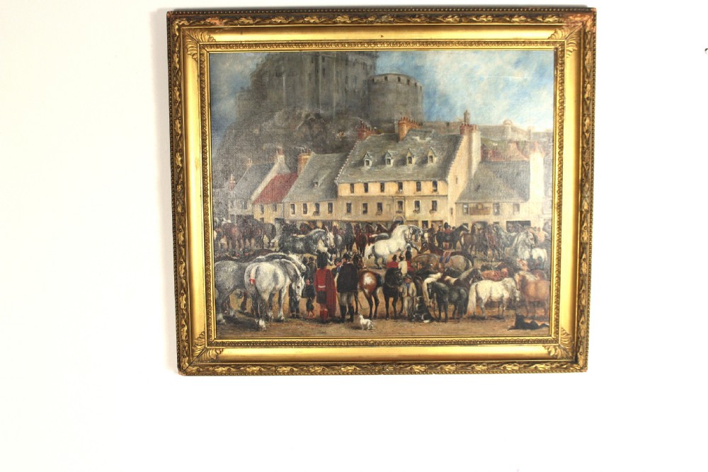 A nineteenth-century oil painting depicting a busy Scottish horse fair set before town buildings and a hilltop stone castle. View VIII