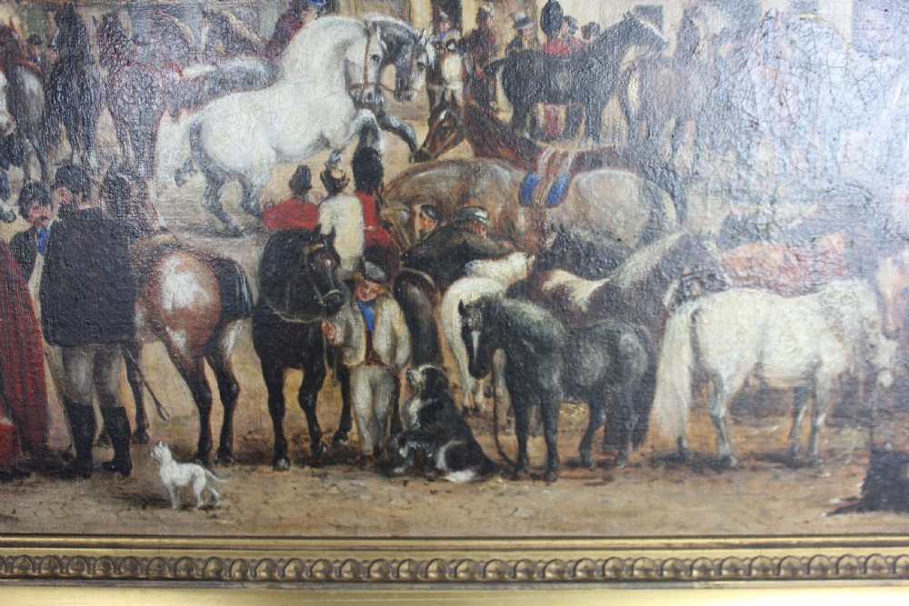 A nineteenth-century oil painting depicting a busy Scottish horse fair set before town buildings and a hilltop stone castle. View IX
