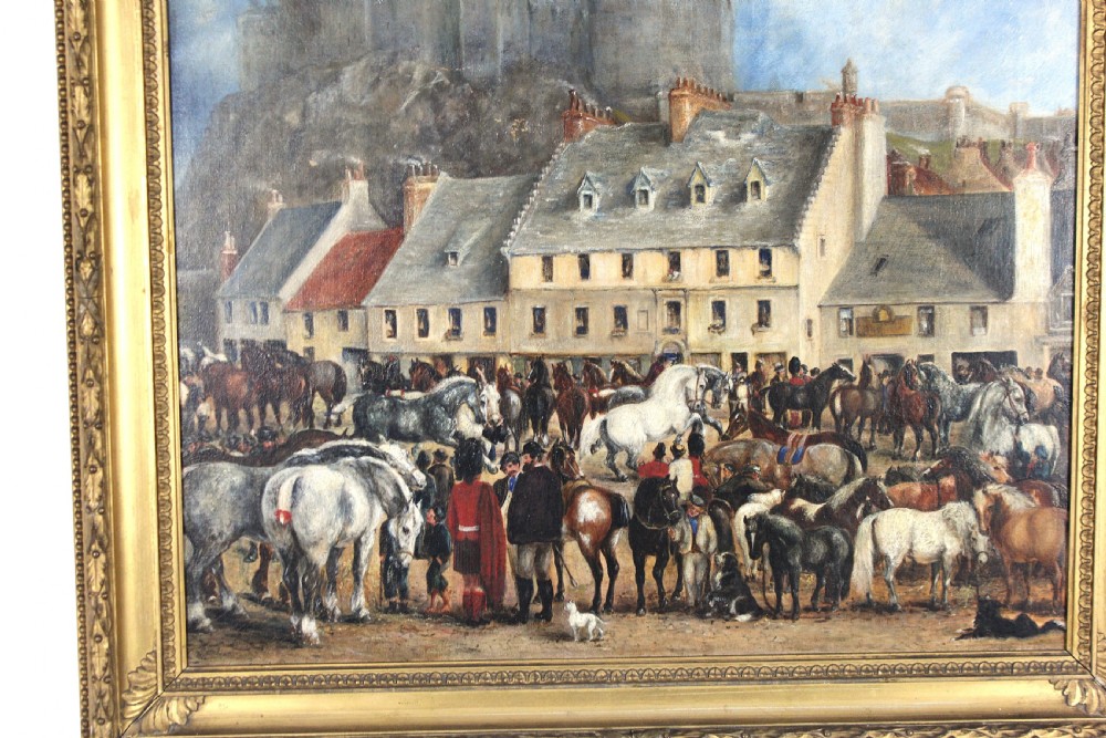 A nineteenth-century oil painting depicting a busy Scottish horse fair set before town buildings and a hilltop stone castle. View X