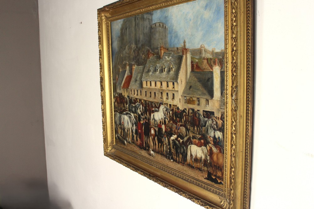 A nineteenth-century oil painting depicting a busy Scottish horse fair set before town buildings and a hilltop stone castle. View XIII