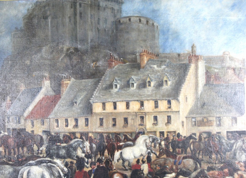 A nineteenth-century oil painting depicting a busy Scottish horse fair set before town buildings and a hilltop stone castle. View XIV