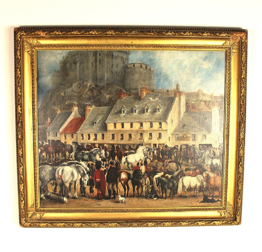 A nineteenth-century oil painting depicting a busy Scottish horse fair set before town buildings and a hilltop stone castle. View XV