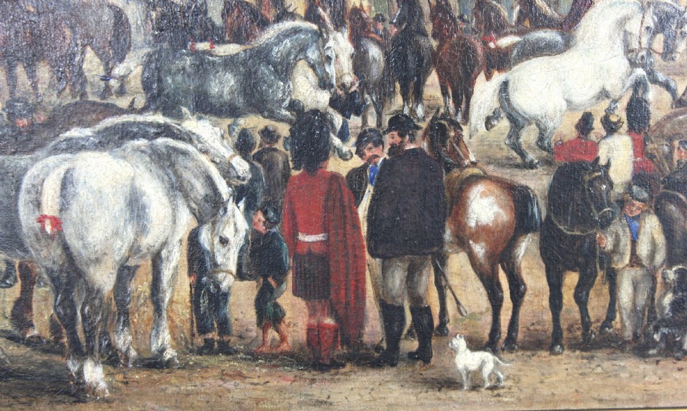 A nineteenth-century oil painting depicting a busy Scottish horse fair set before town buildings and a hilltop stone castle. View XVI